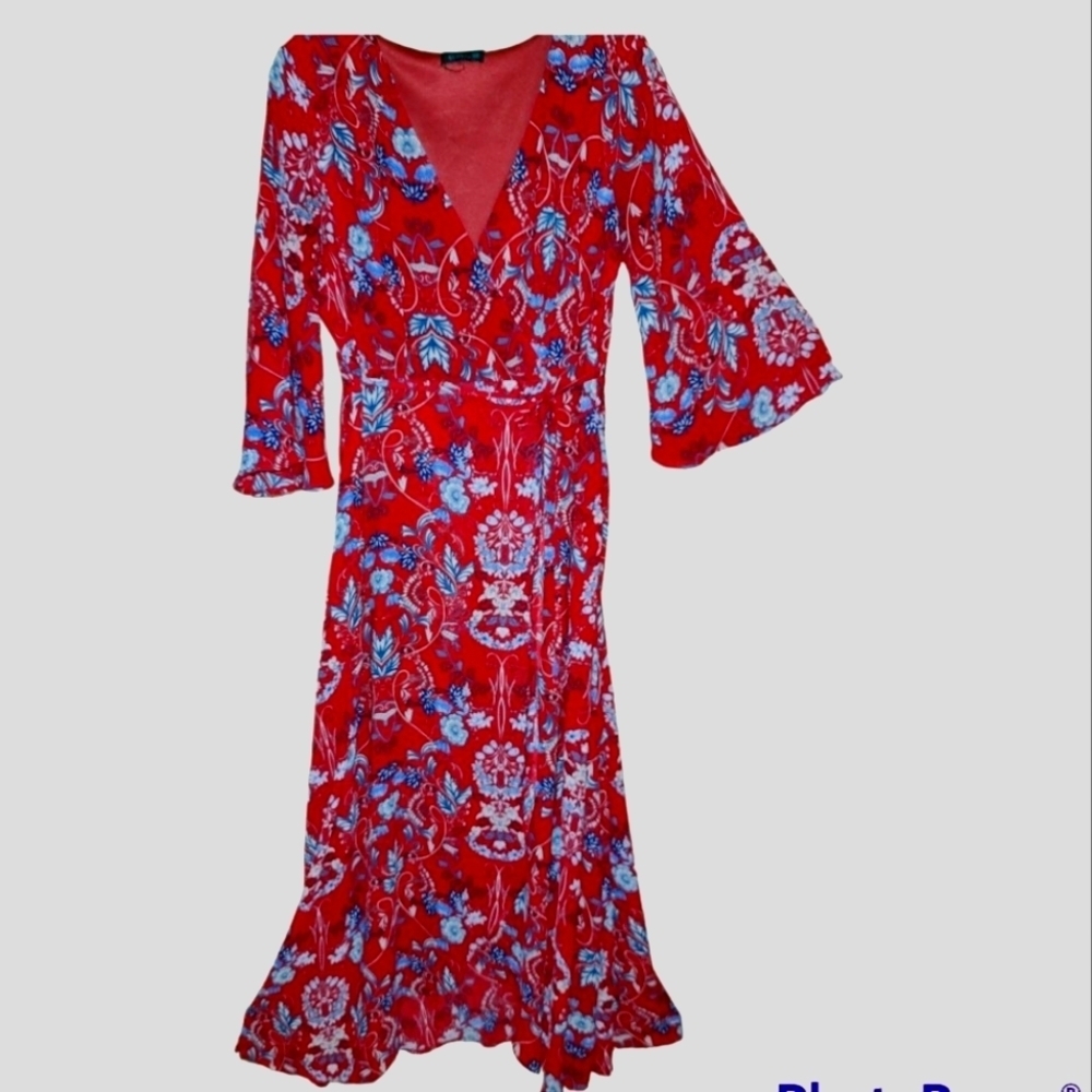 CALS* Faux Wrap Dress* Botanical Print* Red* Sz L